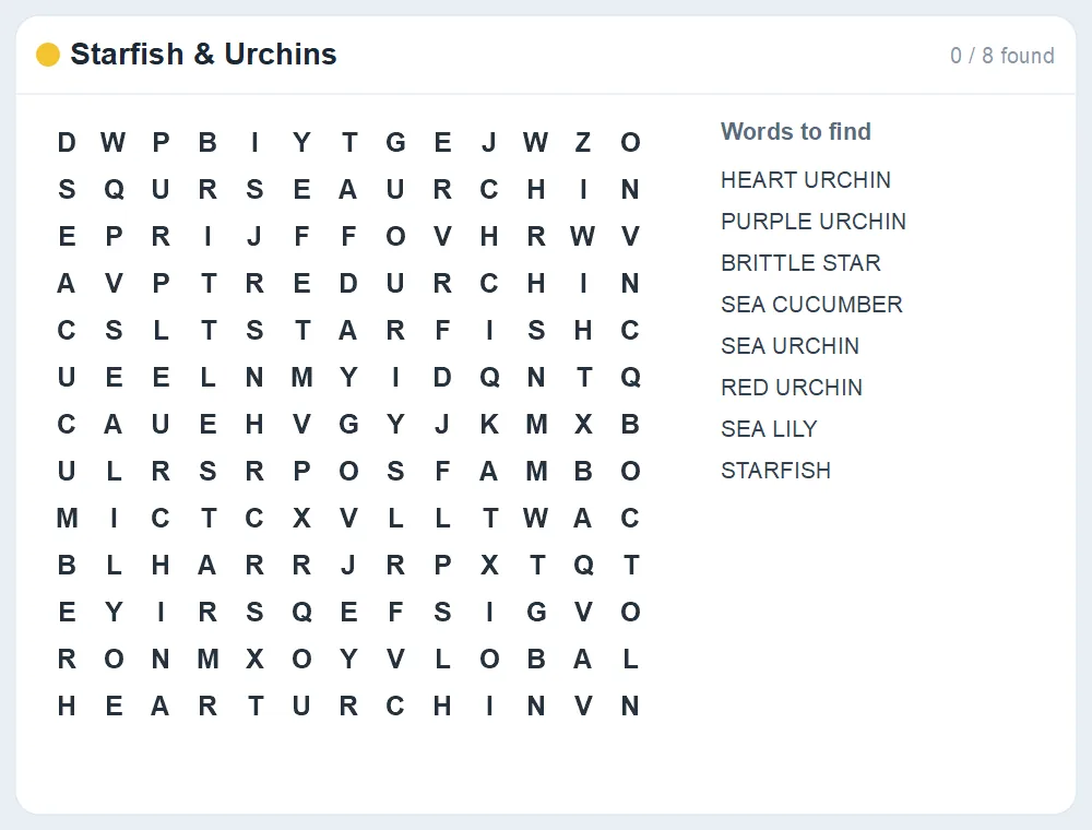 Preview of the Starfish & Urchins word search puzzle