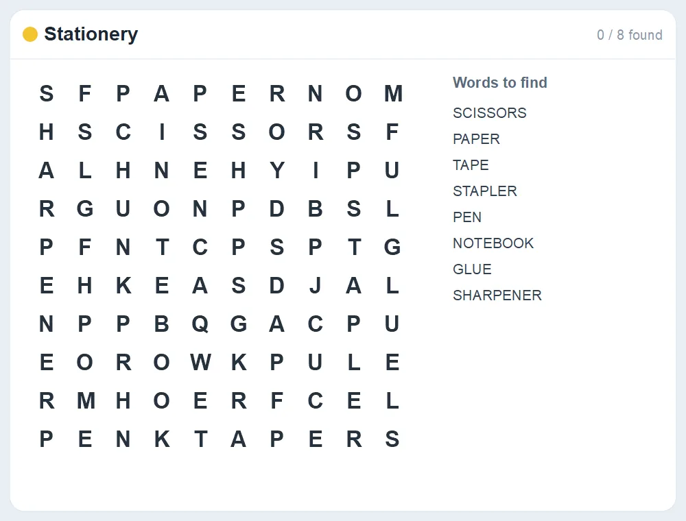 Preview of the Stationery word search puzzle