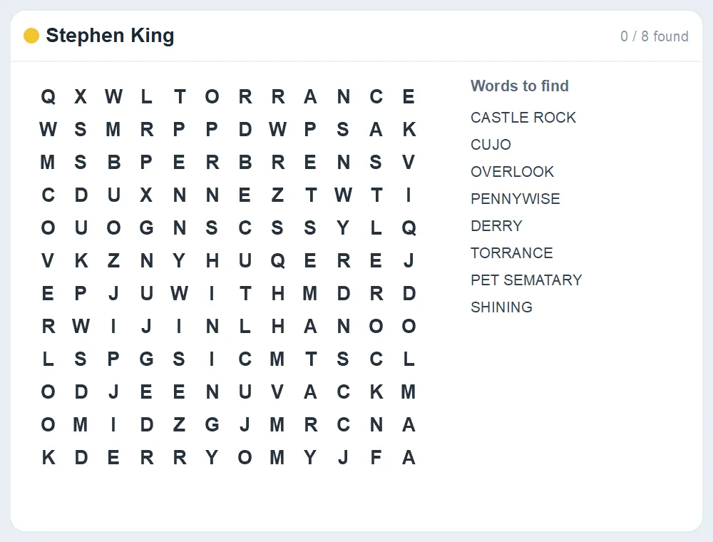 Preview of the Stephen King word search puzzle