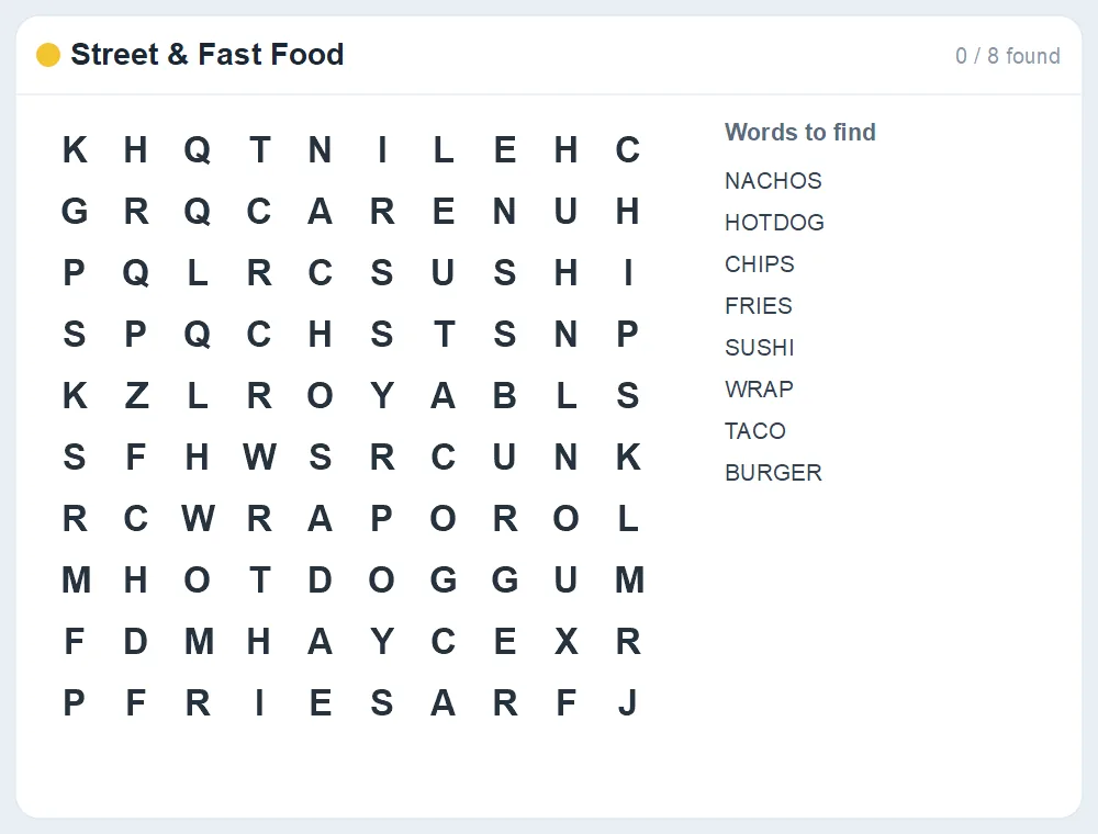 Preview of the Street & Fast Food word search puzzle