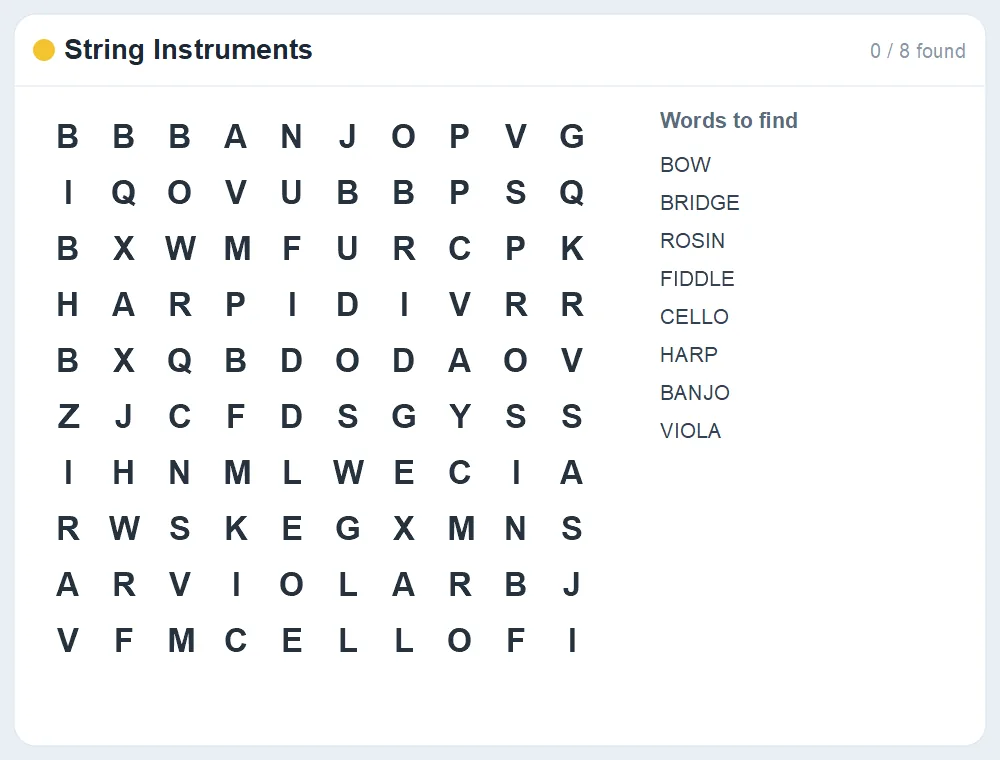 Preview of the String Instruments word search puzzle