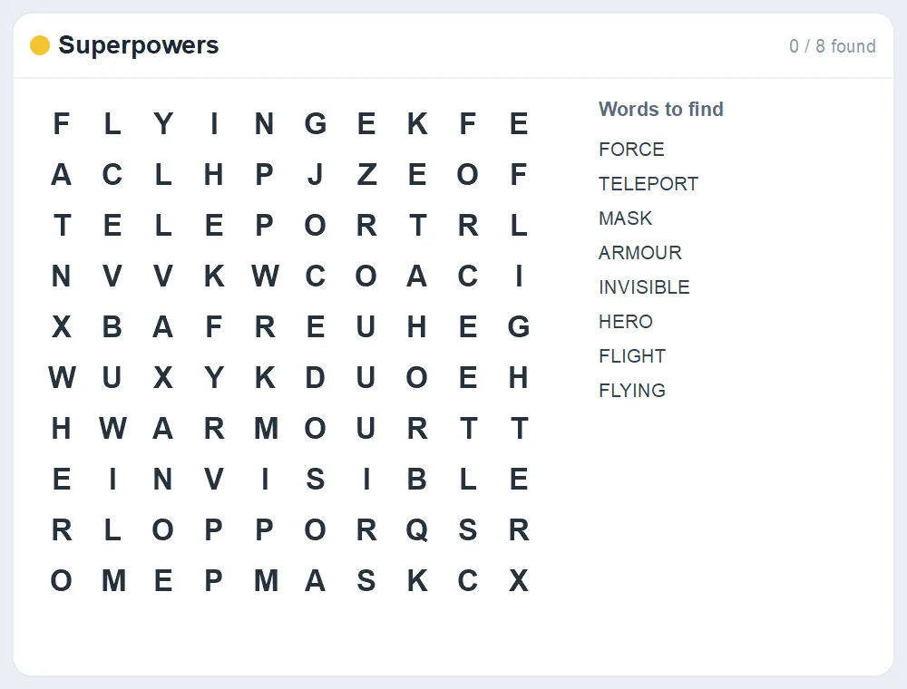 Preview of the Superpowers word search puzzle