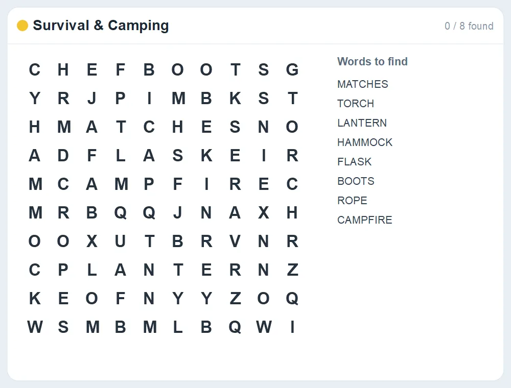 Preview of the Survival & Camping word search puzzle