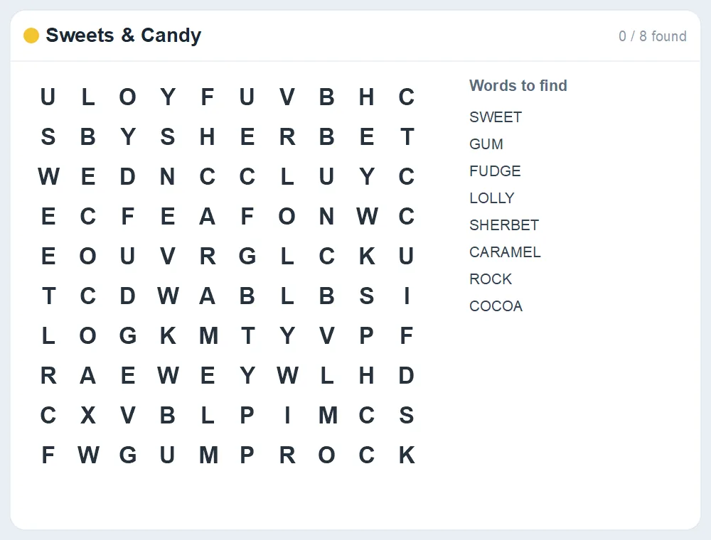 Preview of the Sweets & Candy word search puzzle