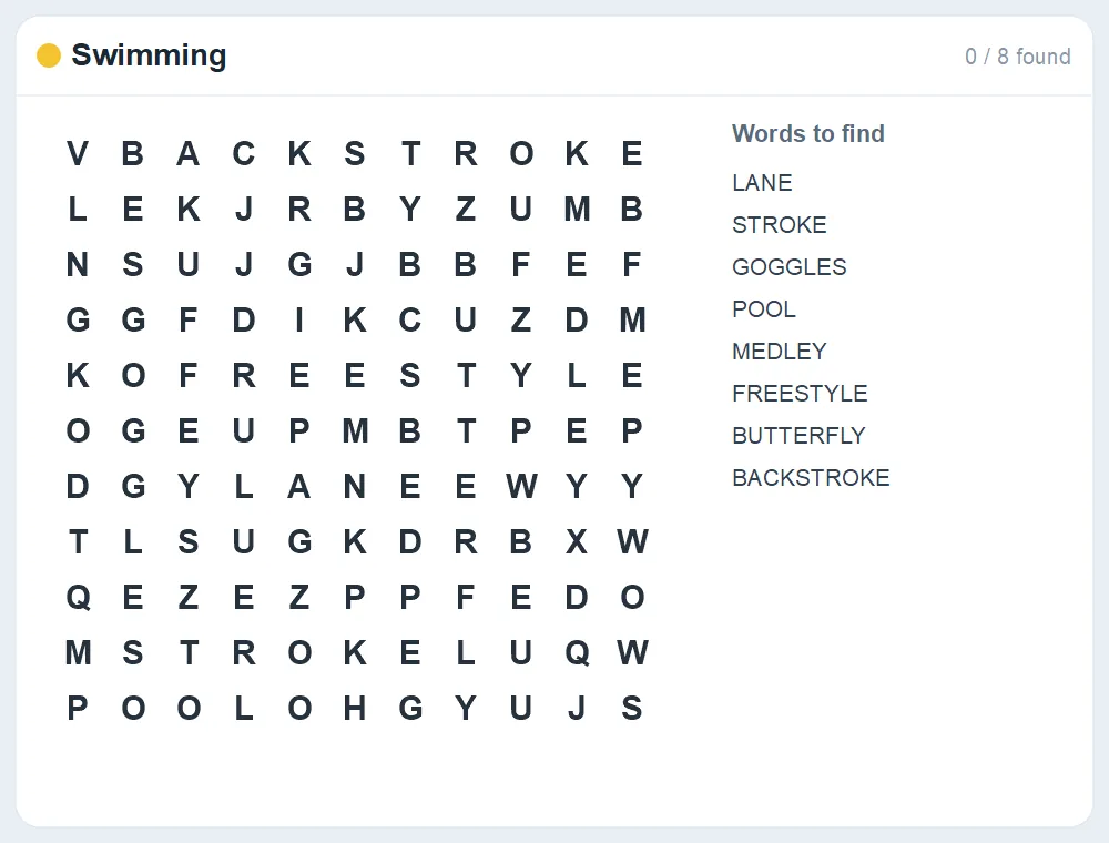 Preview of the Swimming word search puzzle