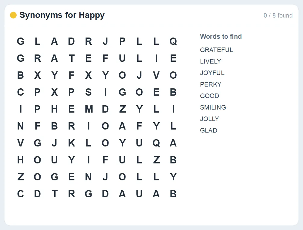 Preview of the Synonyms for Happy word search puzzle