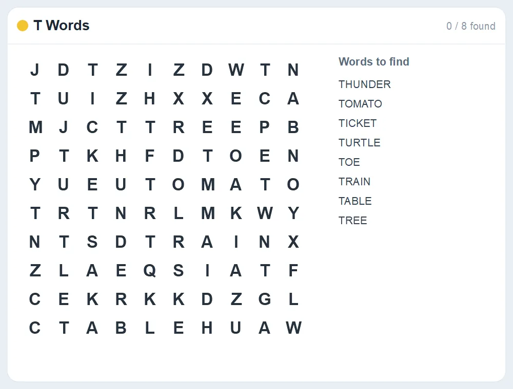 Preview of the T Words word search puzzle