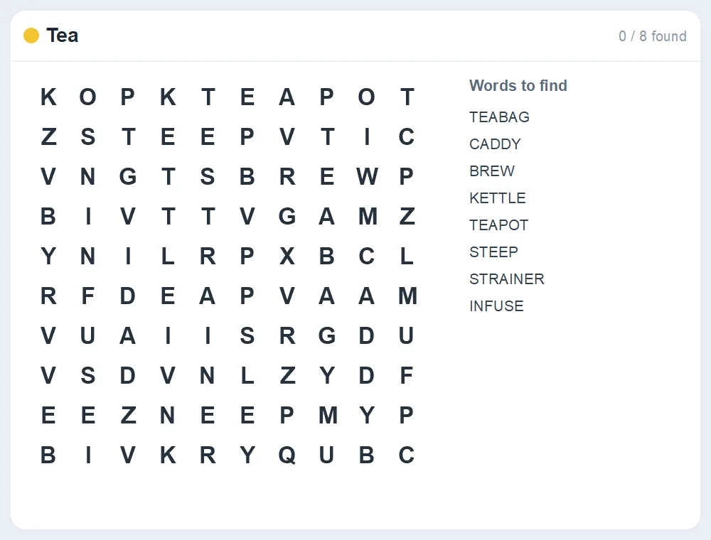 Preview of the Tea word search puzzle