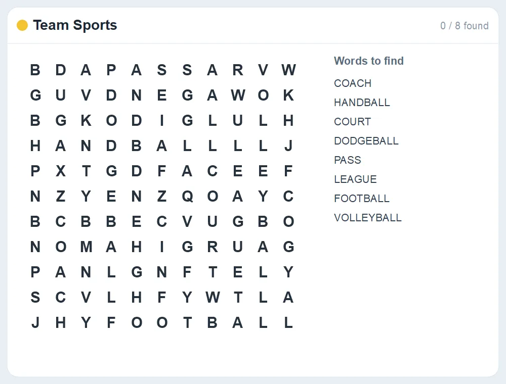 Preview of the Team Sports word search puzzle