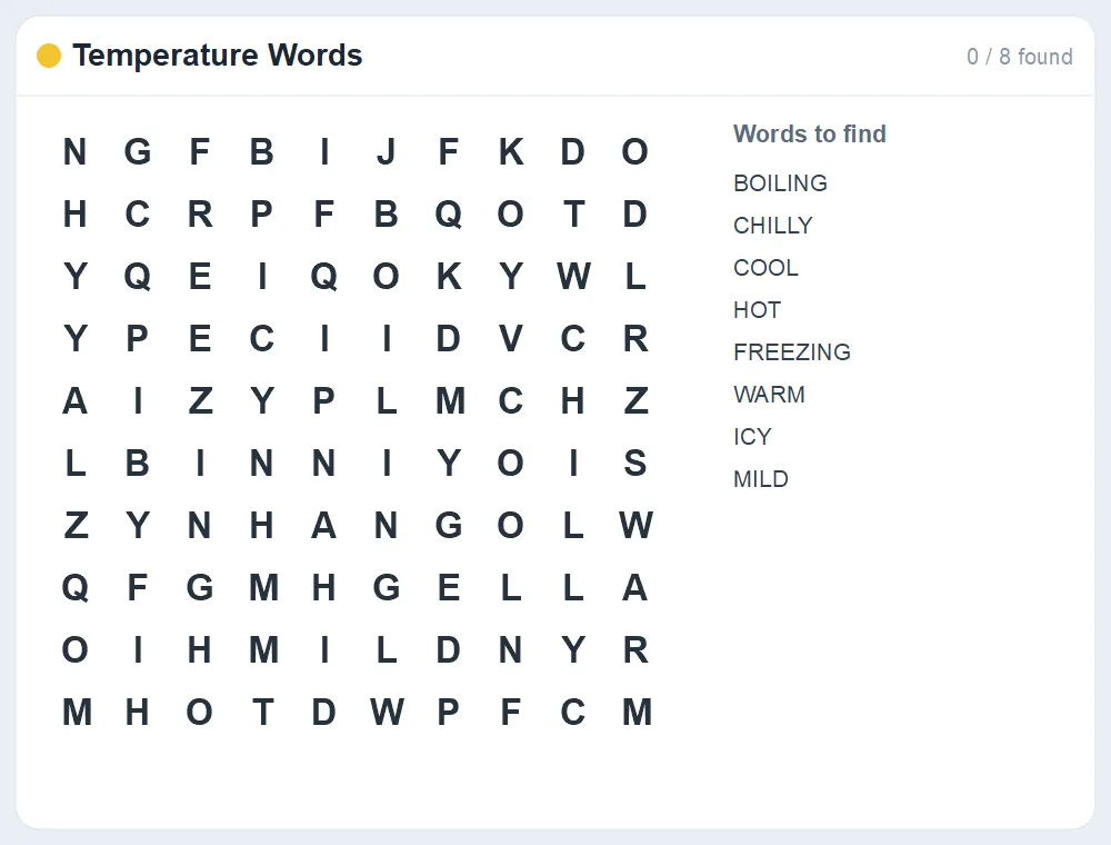 Preview of the Temperature Words word search puzzle
