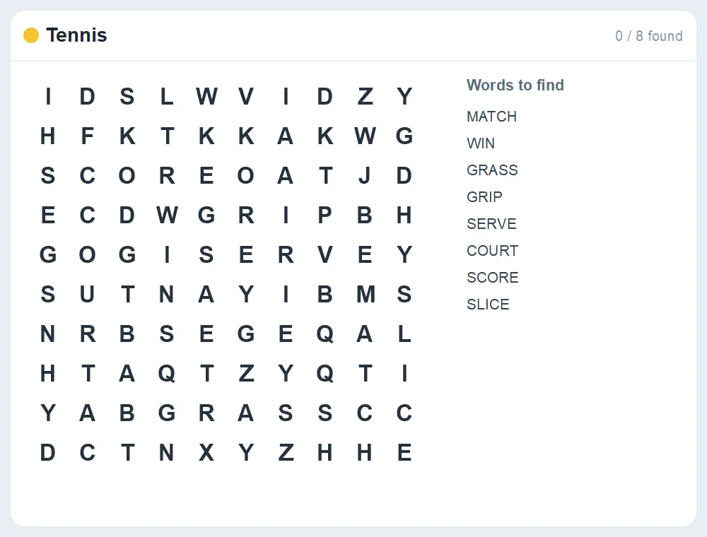 Preview of the Tennis word search puzzle
