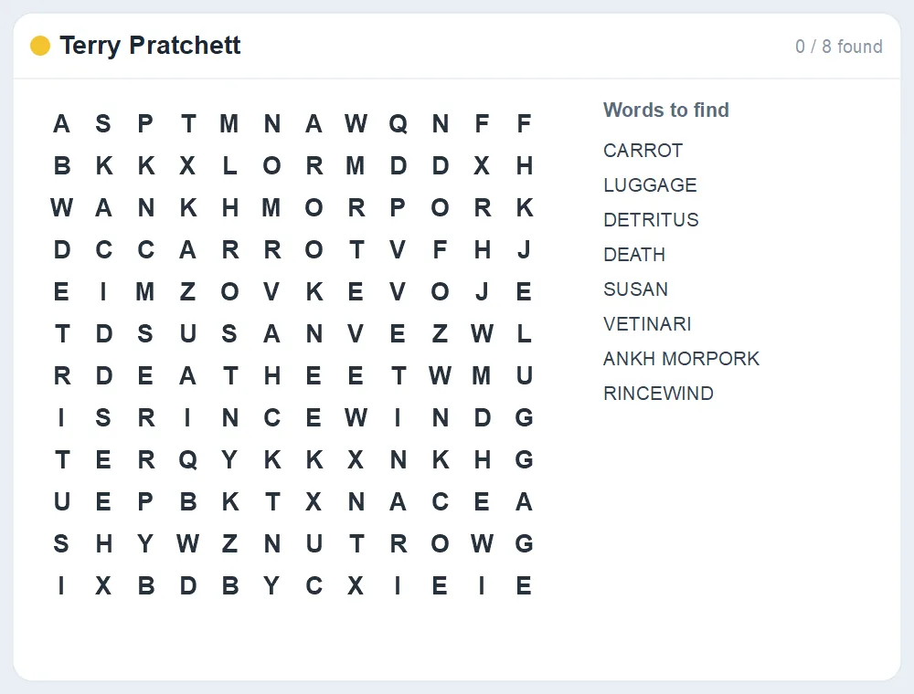 Preview of the Terry Pratchett word search puzzle