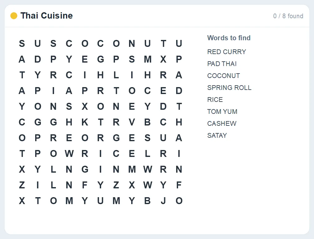 Preview of the Thai Cuisine word search puzzle