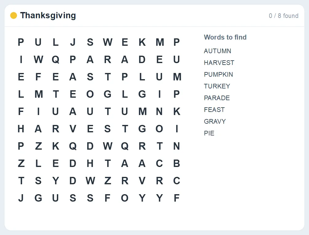Preview of the Thanksgiving word search puzzle