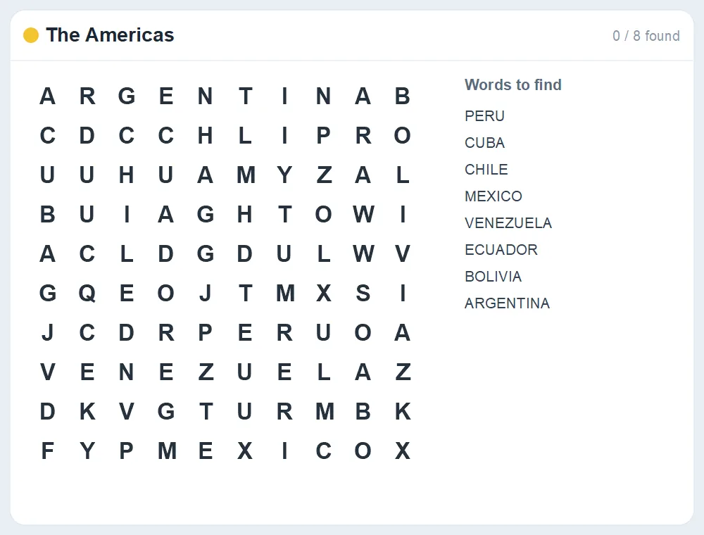 Preview of the The Americas word search puzzle