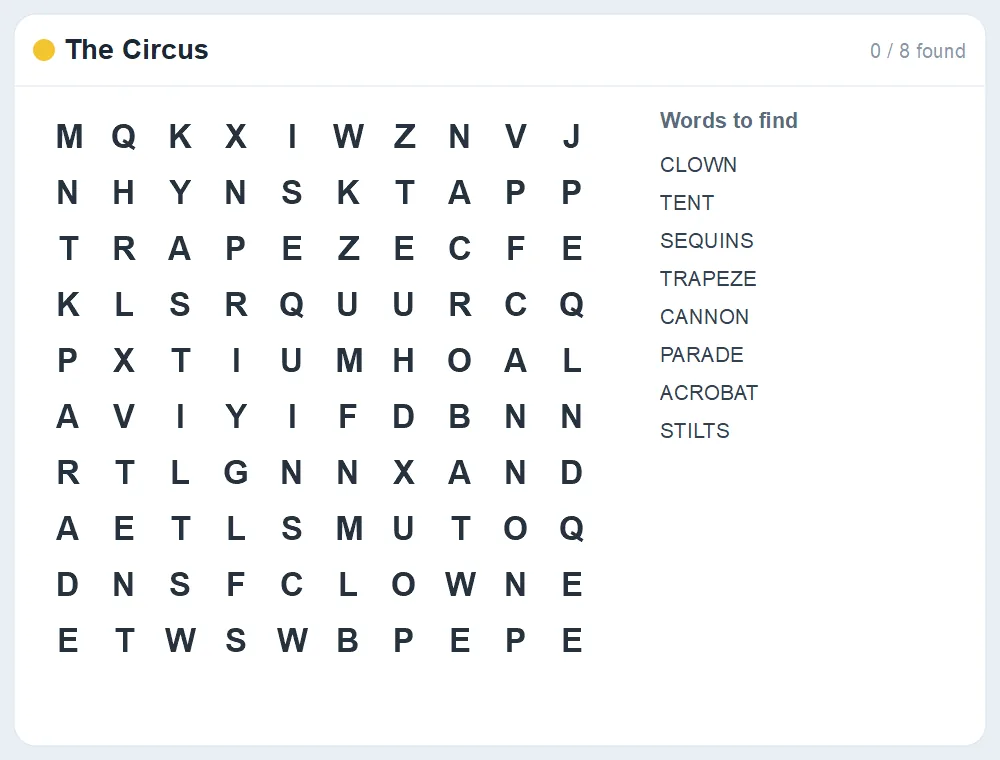 Preview of the The Circus word search puzzle