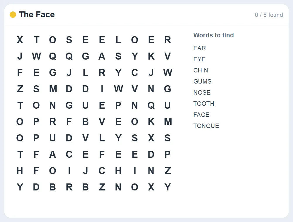 Preview of the The Face word search puzzle