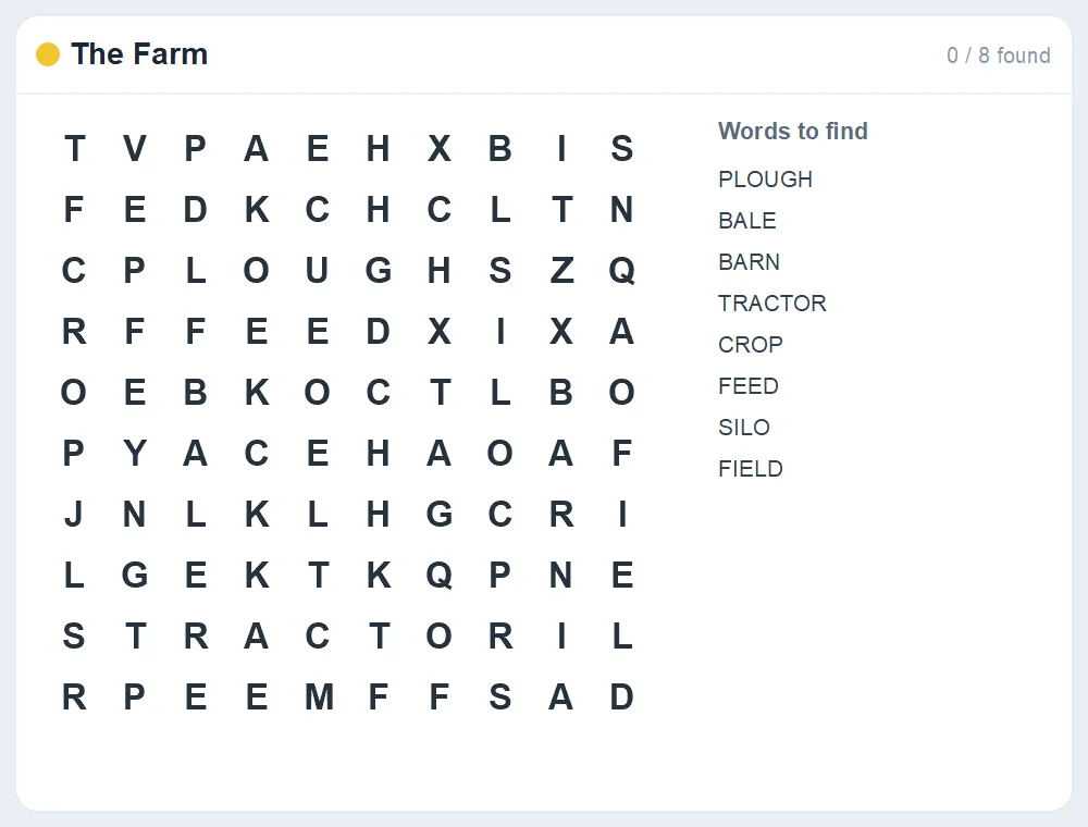 Preview of the The Farm word search puzzle
