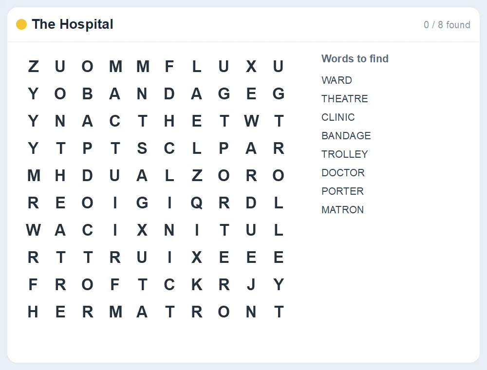 Preview of the The Hospital word search puzzle