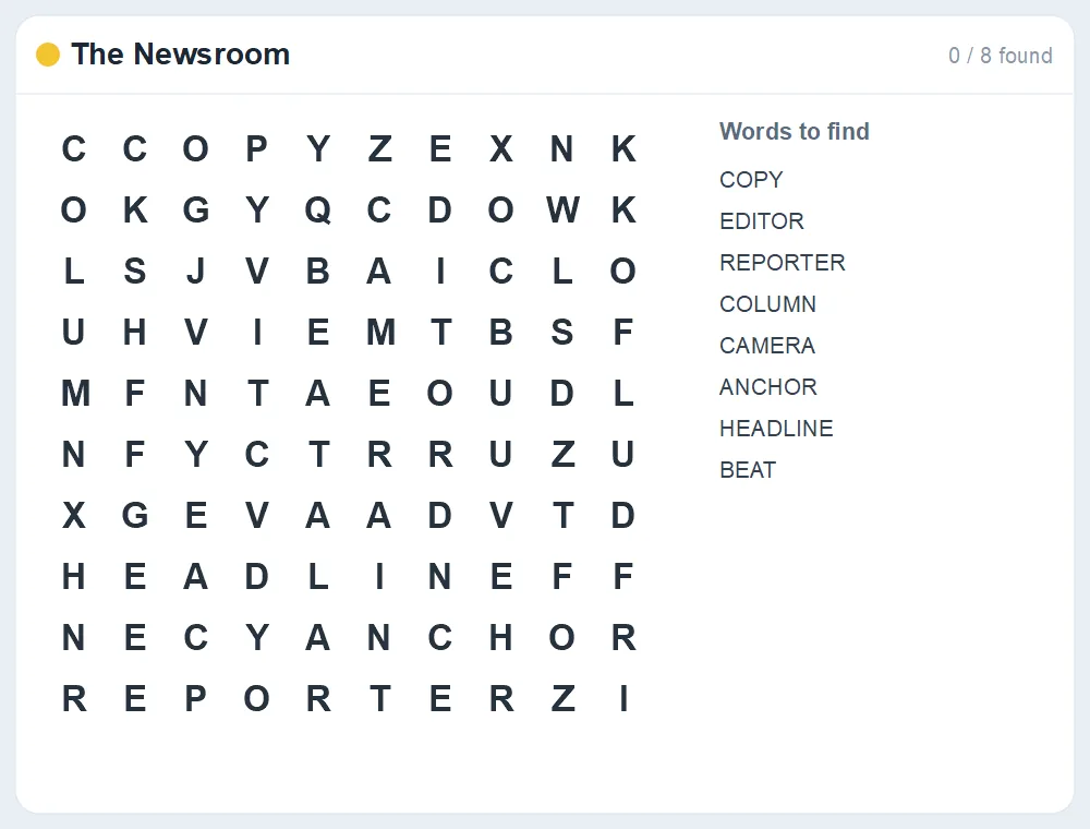 Preview of the The Newsroom word search puzzle