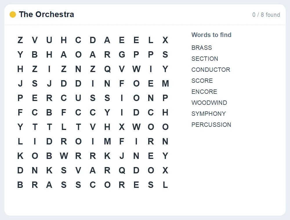 Preview of the The Orchestra word search puzzle
