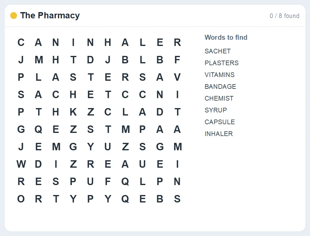 Preview of the The Pharmacy word search puzzle