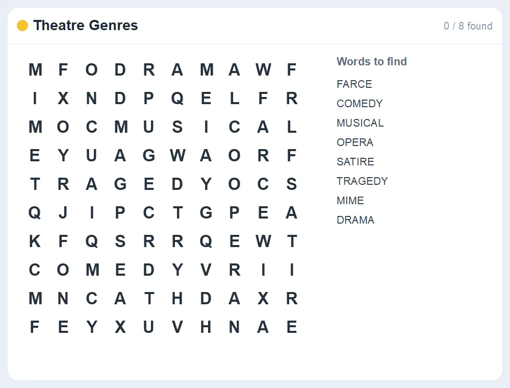 Preview of the Theatre Genres word search puzzle