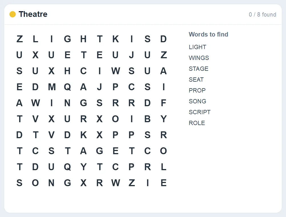 Preview of the Theatre word search puzzle