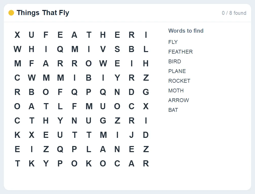 Preview of the Things That Fly word search puzzle