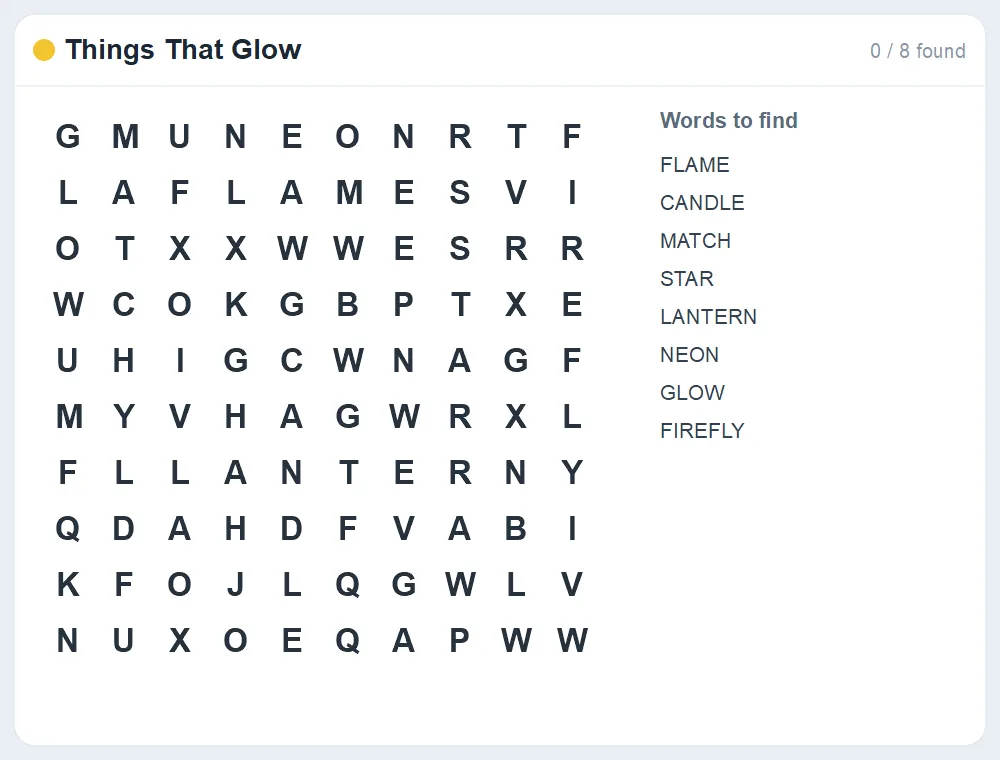 Preview of the Things That Glow word search puzzle