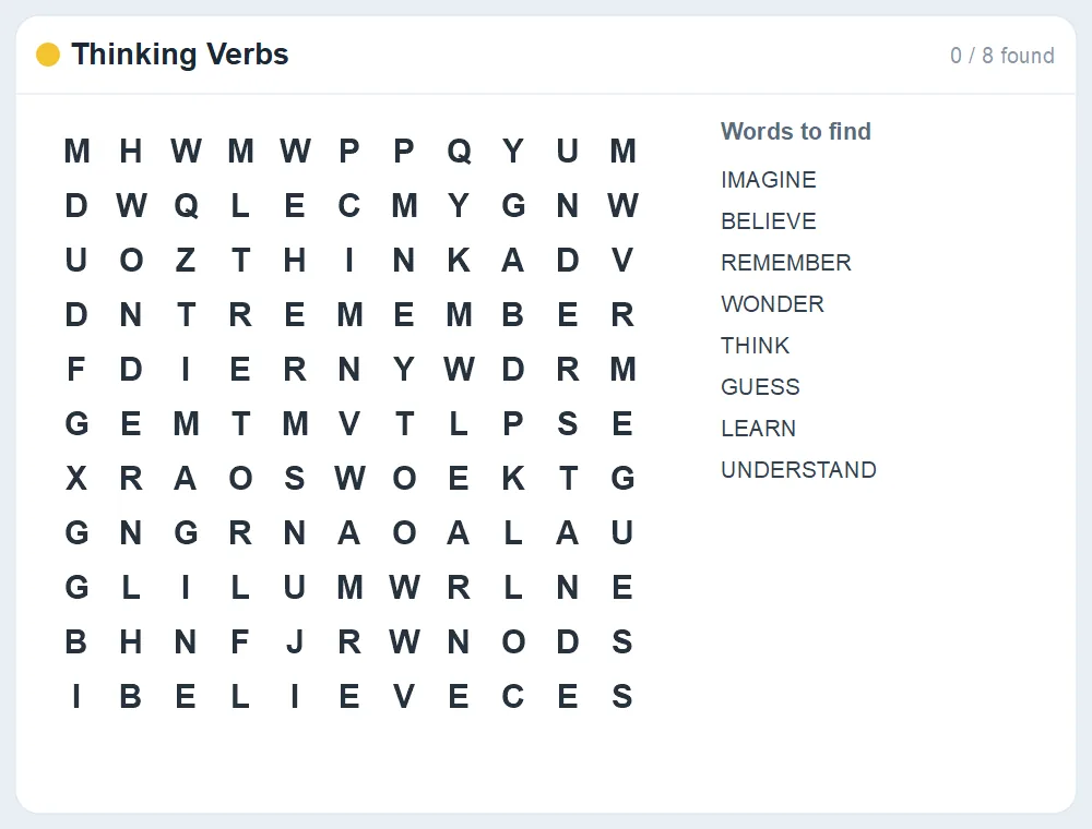 Preview of the Thinking Verbs word search puzzle