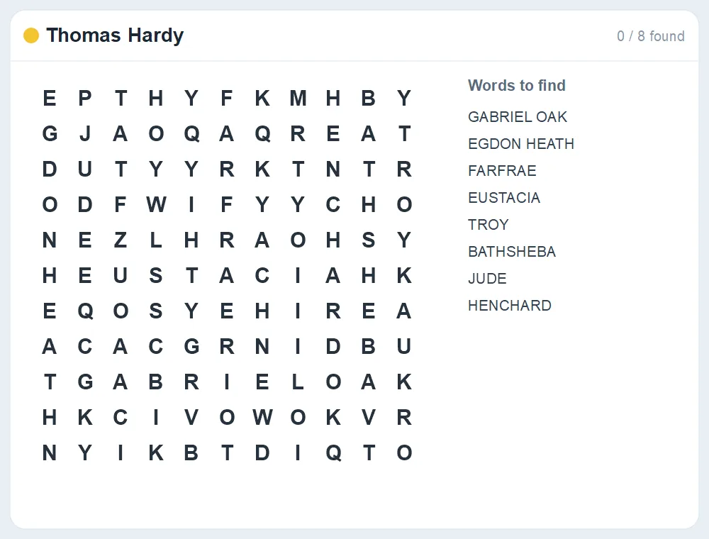 Preview of the Thomas Hardy word search puzzle