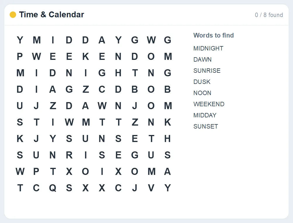 Preview of the Time & Calendar word search puzzle