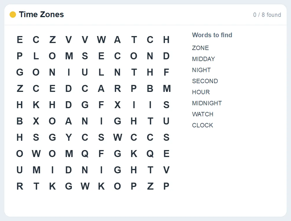 Preview of the Time Zones word search puzzle