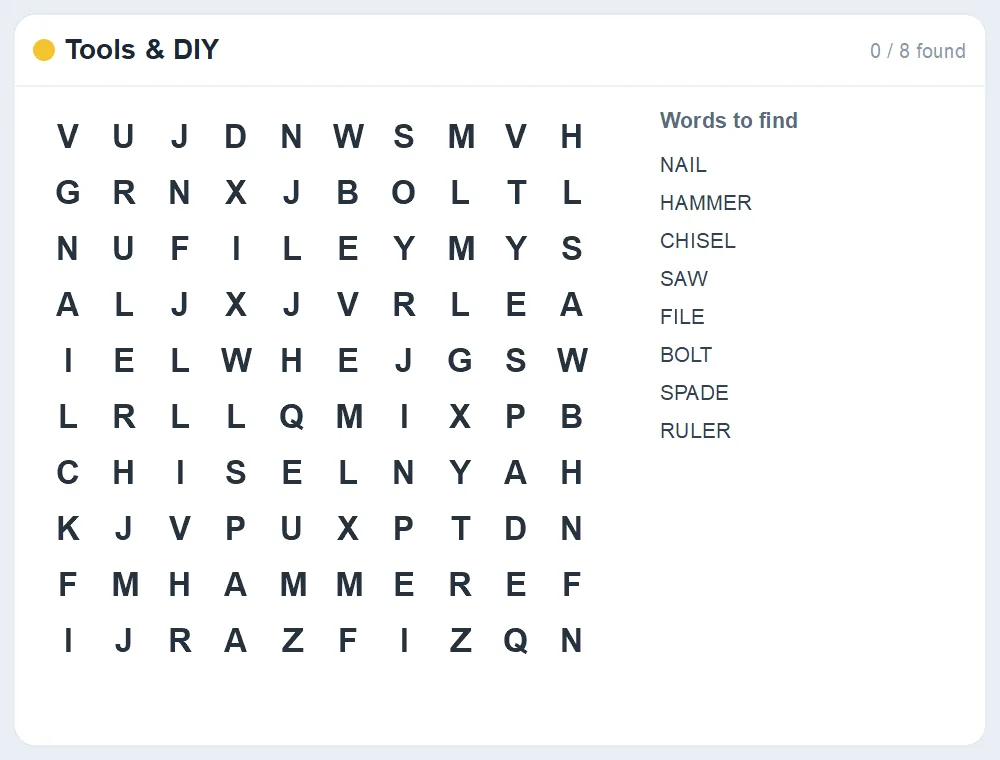 Preview of the Tools & DIY word search puzzle