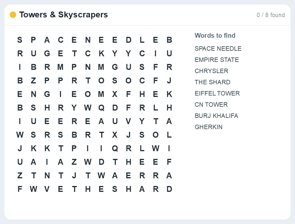 Preview of the Towers & Skyscrapers word search puzzle