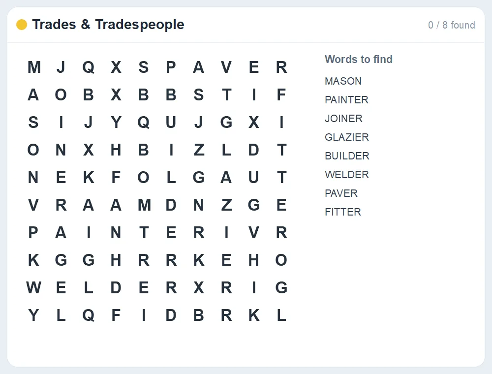 Preview of the Trades & Tradespeople word search puzzle
