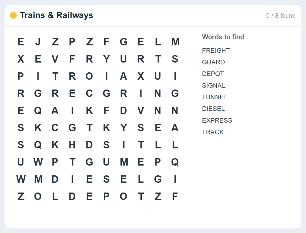Preview of the Trains & Railways word search puzzle