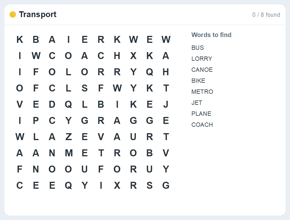 Preview of the Transport word search puzzle