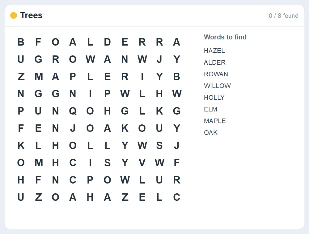 Preview of the Trees word search puzzle