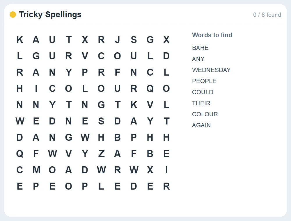 Preview of the Tricky Spellings word search puzzle
