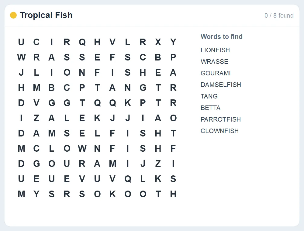 Preview of the Tropical Fish word search puzzle