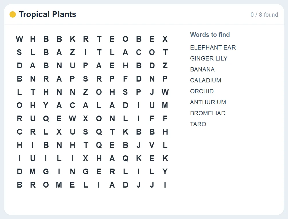 Preview of the Tropical Plants word search puzzle