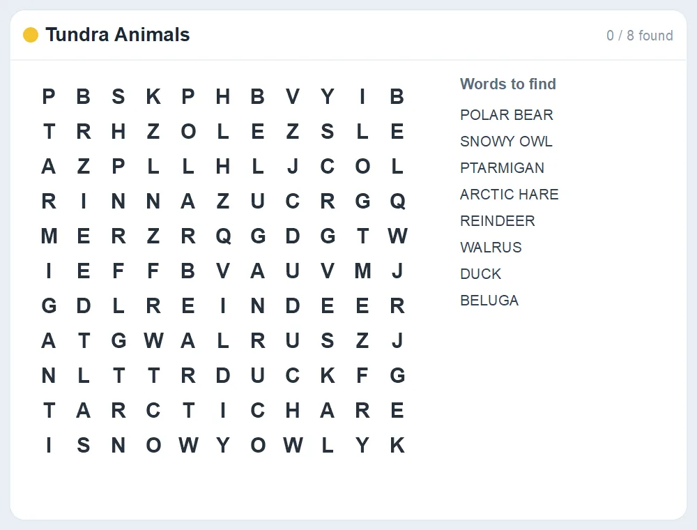 Preview of the Tundra Animals word search puzzle