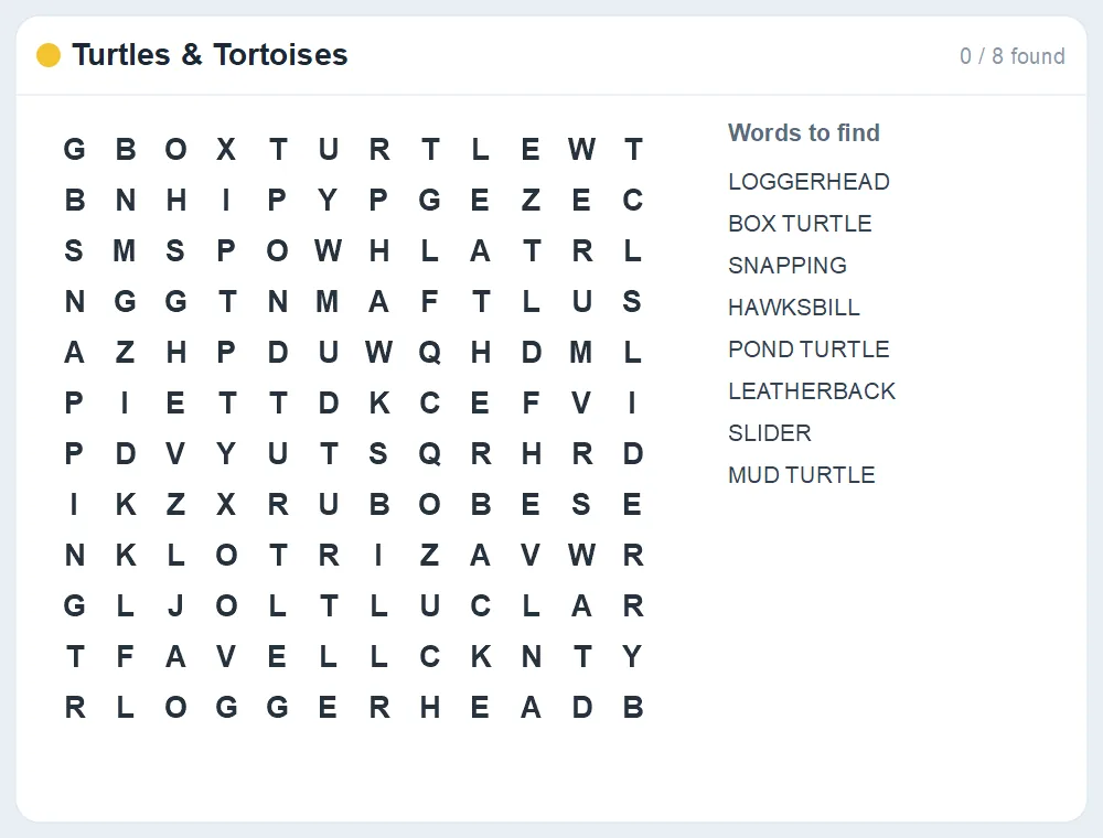 Preview of the Turtles & Tortoises word search puzzle