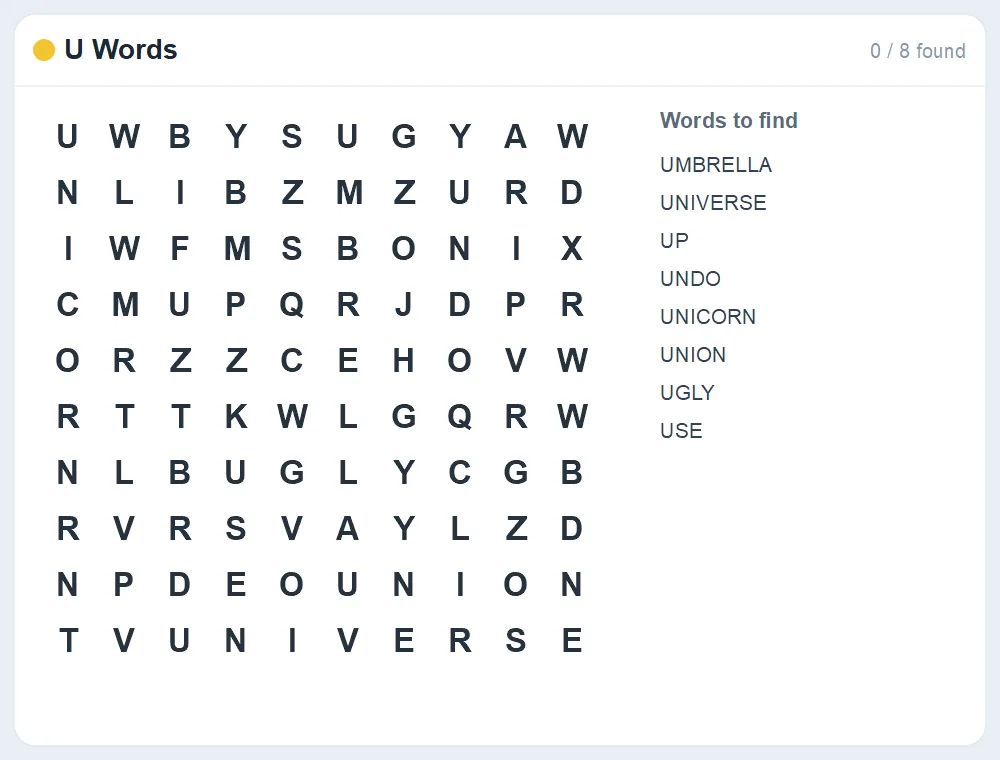 Preview of the U Words word search puzzle