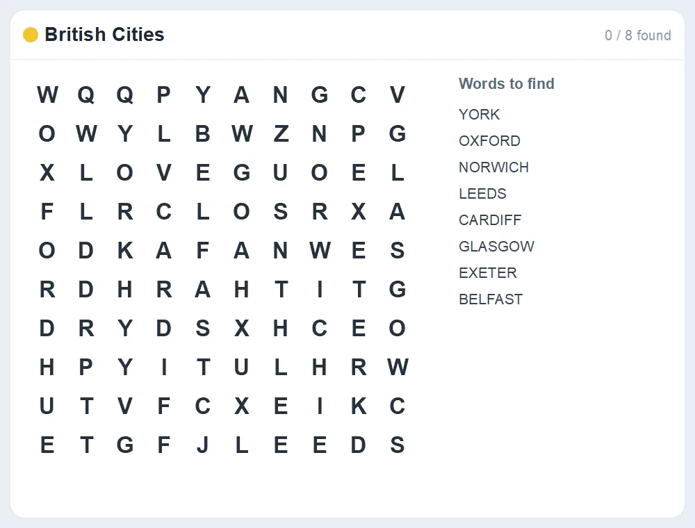 Preview of the British Cities word search puzzle