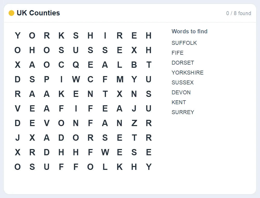 Preview of the UK Counties word search puzzle