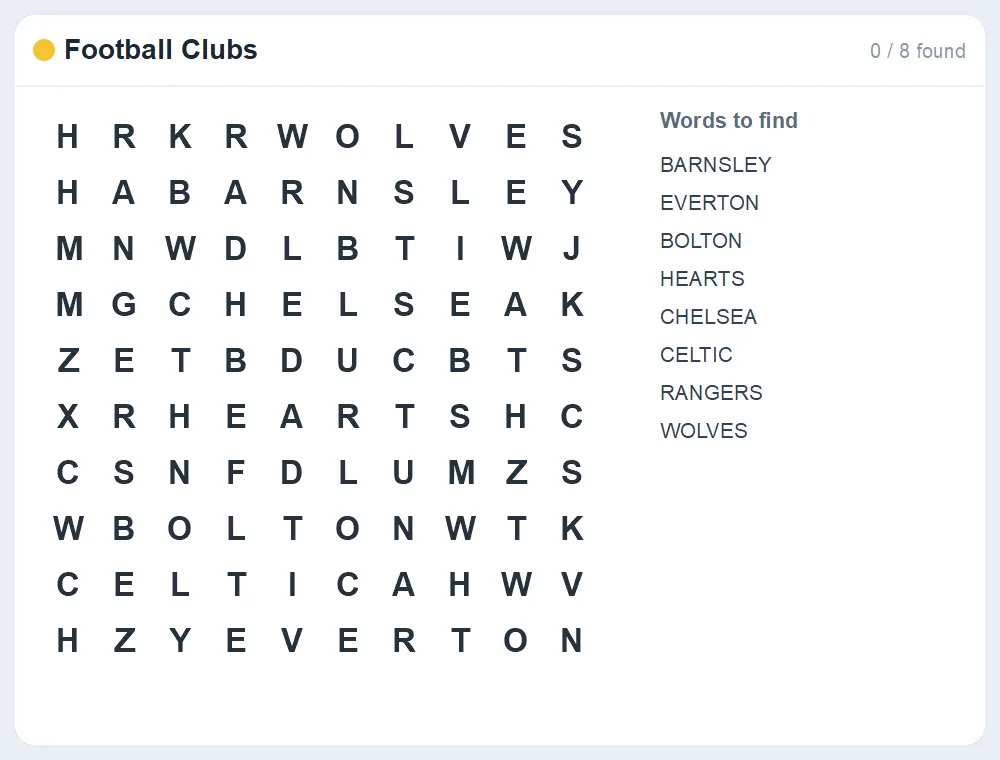 Preview of the Football Clubs word search puzzle