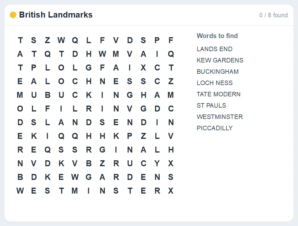 Preview of the British Landmarks word search puzzle